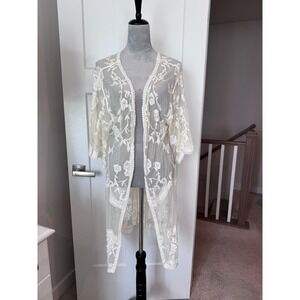 Dizzy Gal Cream Floral Embroidered Sheer Mesh Longline Duster Cardigan Medium